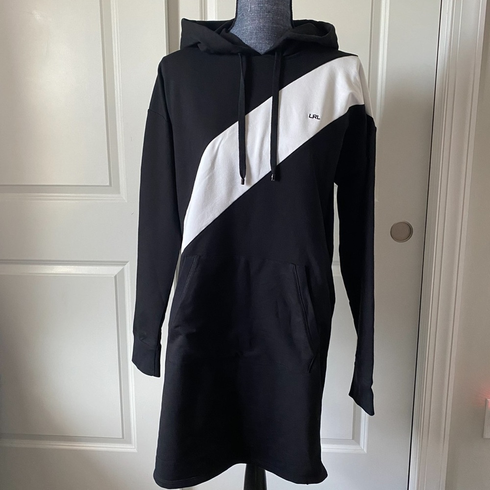 NWT Lauren Ralph Lauren Women cotton knit Hoodie Dress black white size L